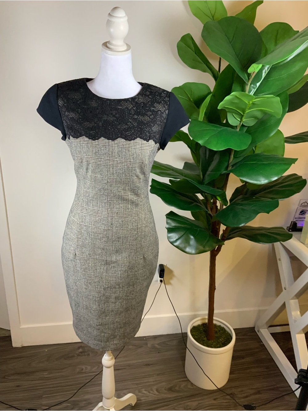 Zara Black & Gray Plaid Lace-Yoke Sheath Dress